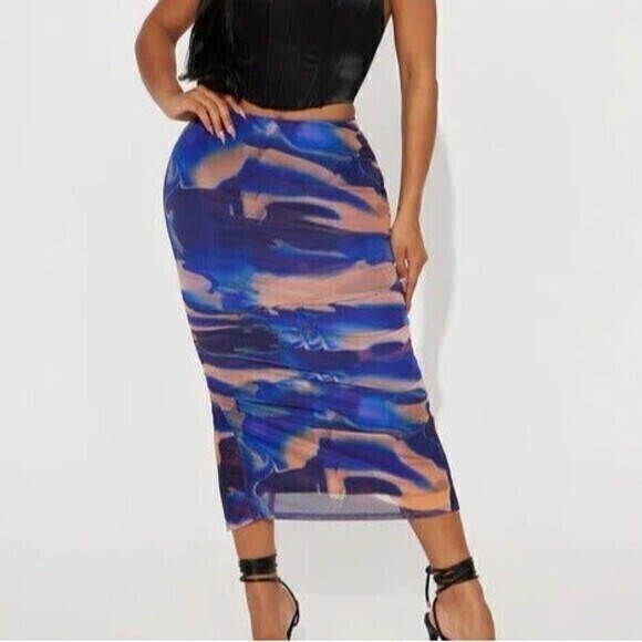 Abstract‎ Print Mesh Elastic Waistband Maxi Skirt Size XS RefN17 - Picture 1 of 7